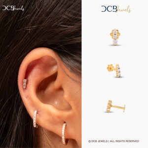 Flat back earrings, 14k Diamond Helix Bar Studs, Diamond Cartilage Earrings Set - Flat Back Tragus Studs- DCB JEWELS