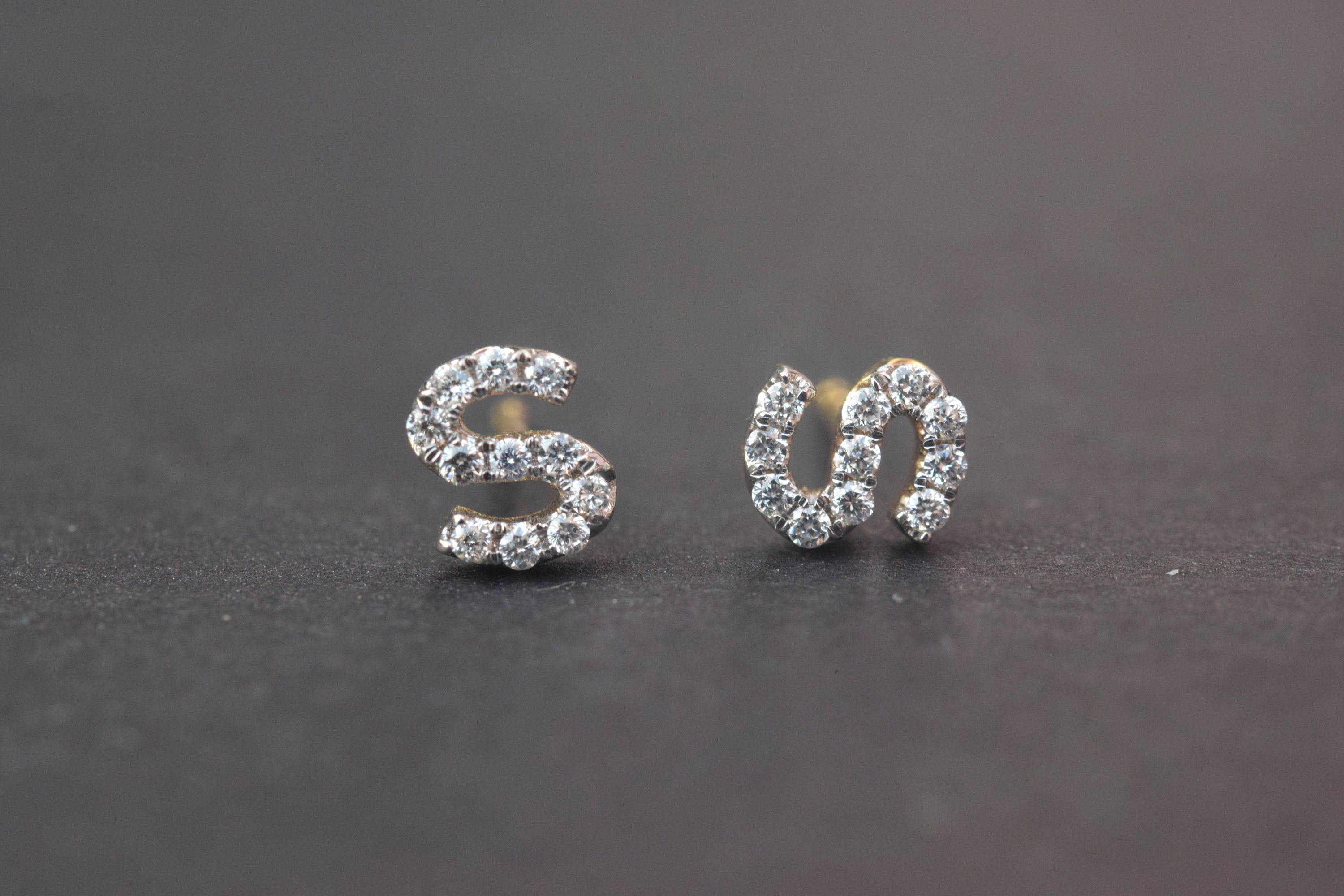 Diamond Initial Earring Studs/ 14K Gold/ Diamond Initial Etsy