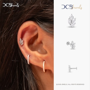 Diamond Marquise leaf earrings, 14k lotus helix Flat back earring, Cartilage diamond earrings, 16g labret earrings - DCB JEWELS