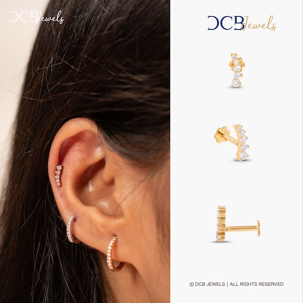 Pendiente trepadora inclinada de diamante de 14k, piercing hélix, labret