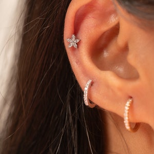 Diamond Marquise Flower Tragus Earrings, 14k/18k Cartilage & Conch Jewelry, Helix Piercing, Cute diamond Flat back Stud Earrings.