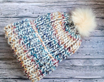 Super Chunky Ribbed Hudson Beanie Bobble Hat with Faux Fur Pom Pom Adult Hand Knitted Winter