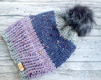 Hand Knitted Super Chunky Beanie Bobble Hat with Faux Fur Pom Pom - Premiun Wool Adult Size Handmade