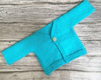 Premature / Small Newborn Hand knitted Baby Cardigan Wooden Button Aqua Blue Colour Premium Yarn