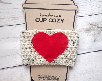 Coffee Cup Cosy Sleeve Hand Crochet Knitted with Red Heart.