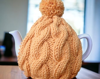 Merino Wool Tea Cozy Hand Knitted Cable Teapot Cosy Thick with Hand Spun Pom Pom  Fits 4-6 cup 2 Pint Pot