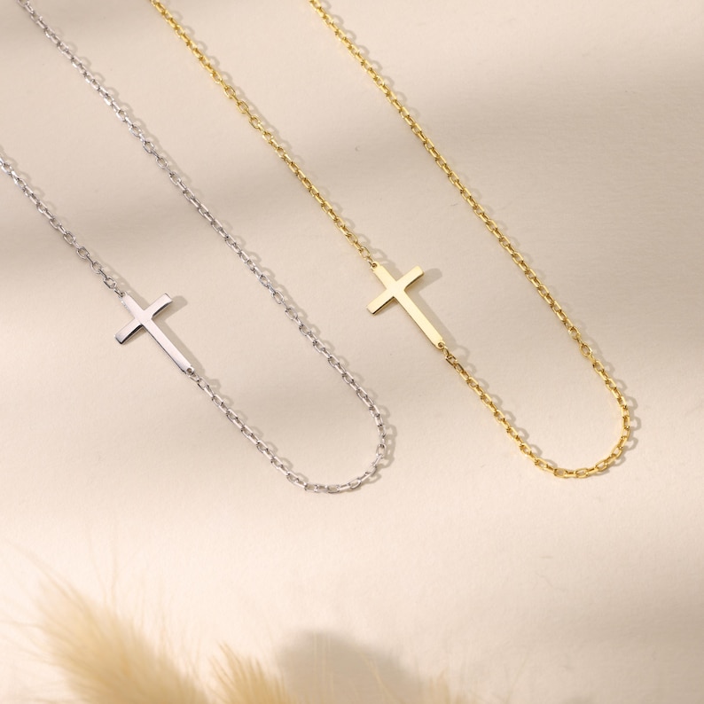 Offset Cross Chain Minimalist Silver Cross Necklace, Dainty Sideways Cross Necklace, Thin ...