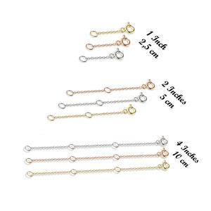 May include: Three silver, gold, and rose gold extender chains with lobster clasps. The chains are 1 inch (2.5 cm), 2 inches (5 cm), and 4 inches (10 cm) long.