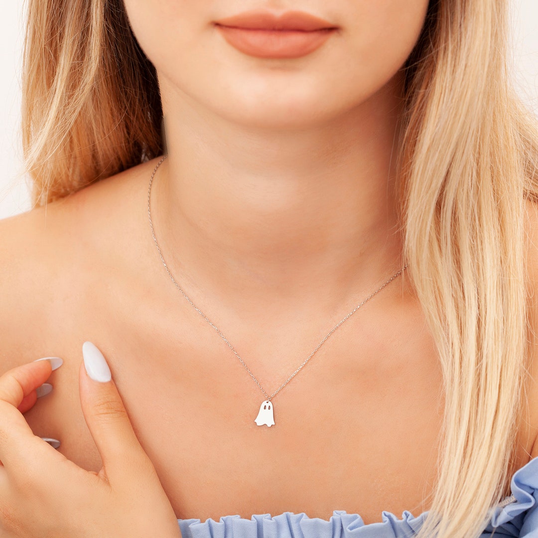 14K Gold & Silver Ghost Necklace, Minimalist Ghost Pendant, Halloween ...