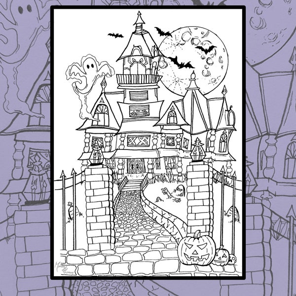 Witchy coloring book, Adult coloring page, Halloween coloring sheet, Haunted House, Halloween printable, spooky season, Mansions of Madness