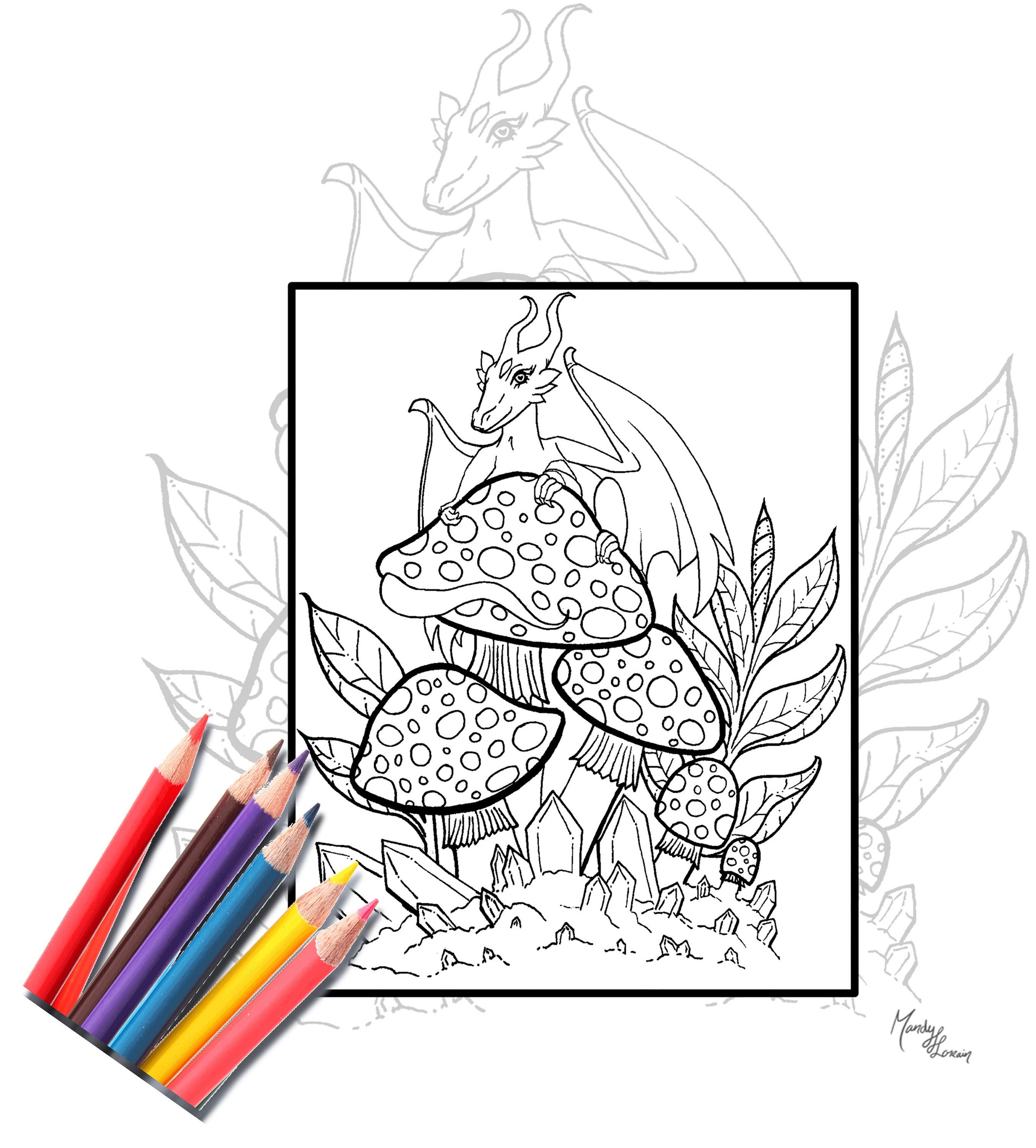 Mushroom Coloring Page for Adults Dragon Coloring Page - Etsy