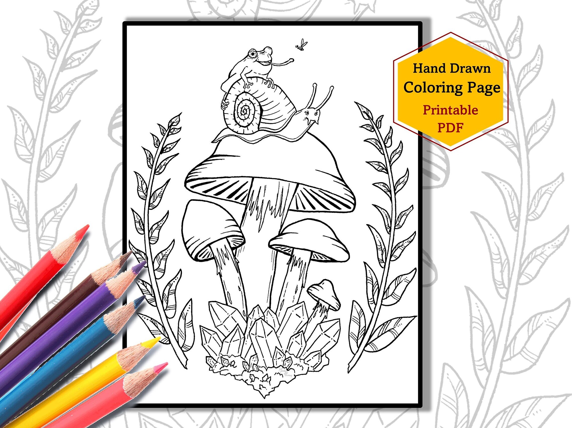 Frog and Mushroom Coloring Pages, Hand Drawn Coloring Page, Printable Adult Coloring Page ...