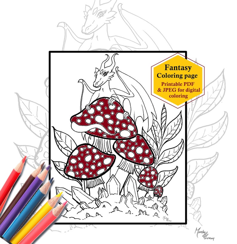 Mushroom Coloring Page for Adults Dragon Coloring Page - Etsy