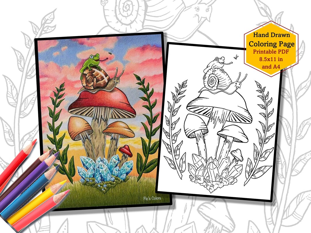 Frog and Mushroom Coloring Pages, Hand Drawn Coloring Page, Printable PDF Coloring Page, Fantasy ...