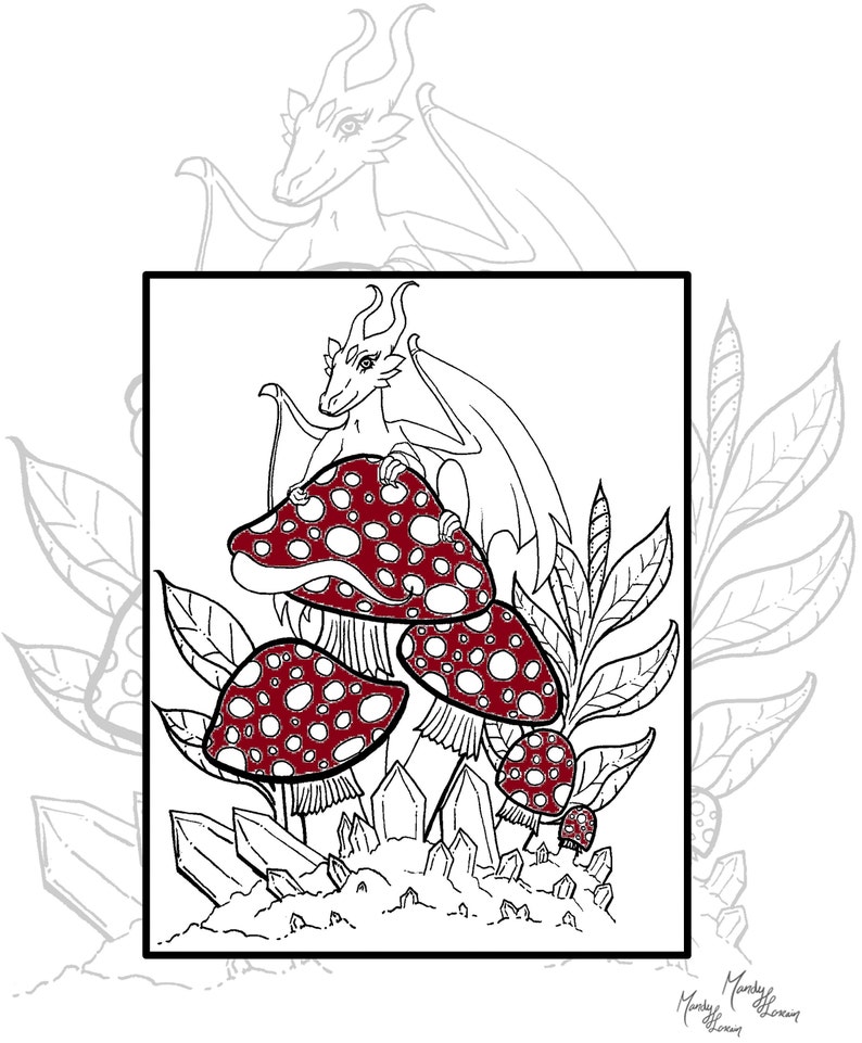 Mushroom Coloring Page for Adults Dragon Coloring Page - Etsy