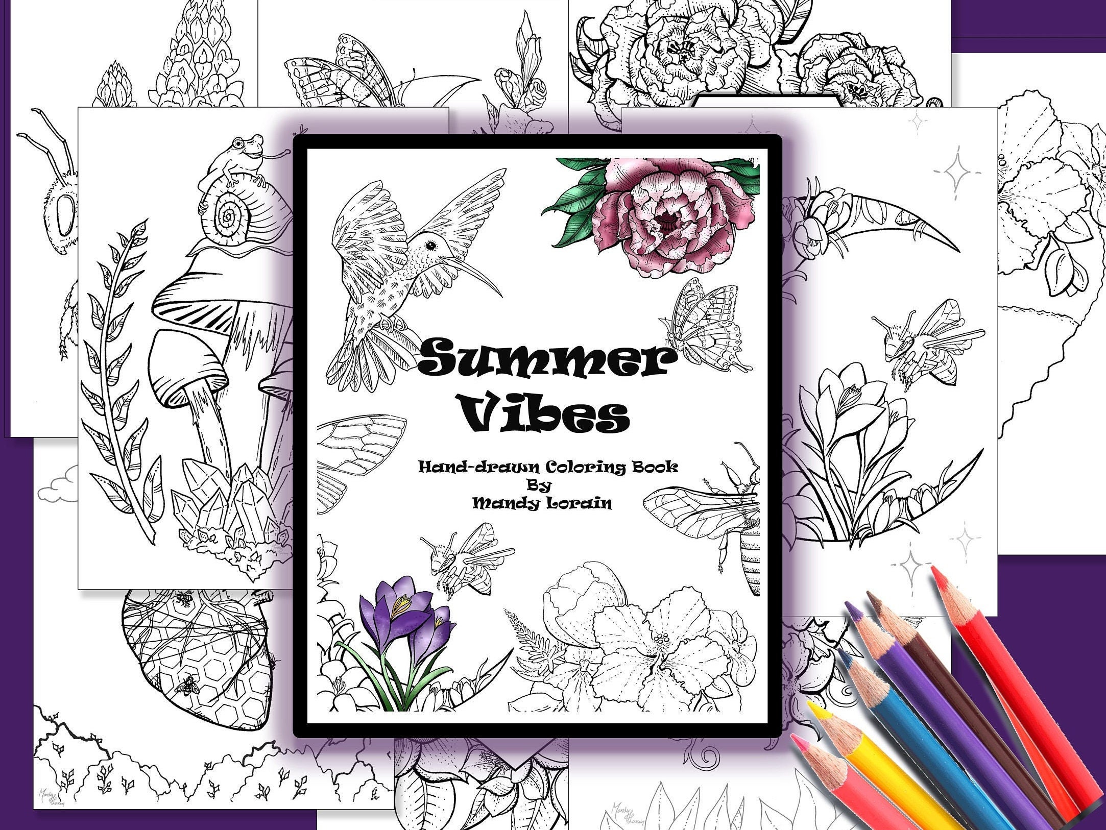 Summer Vibes Coloring Book, Bee Coloring, Printable Adult Coloring Book