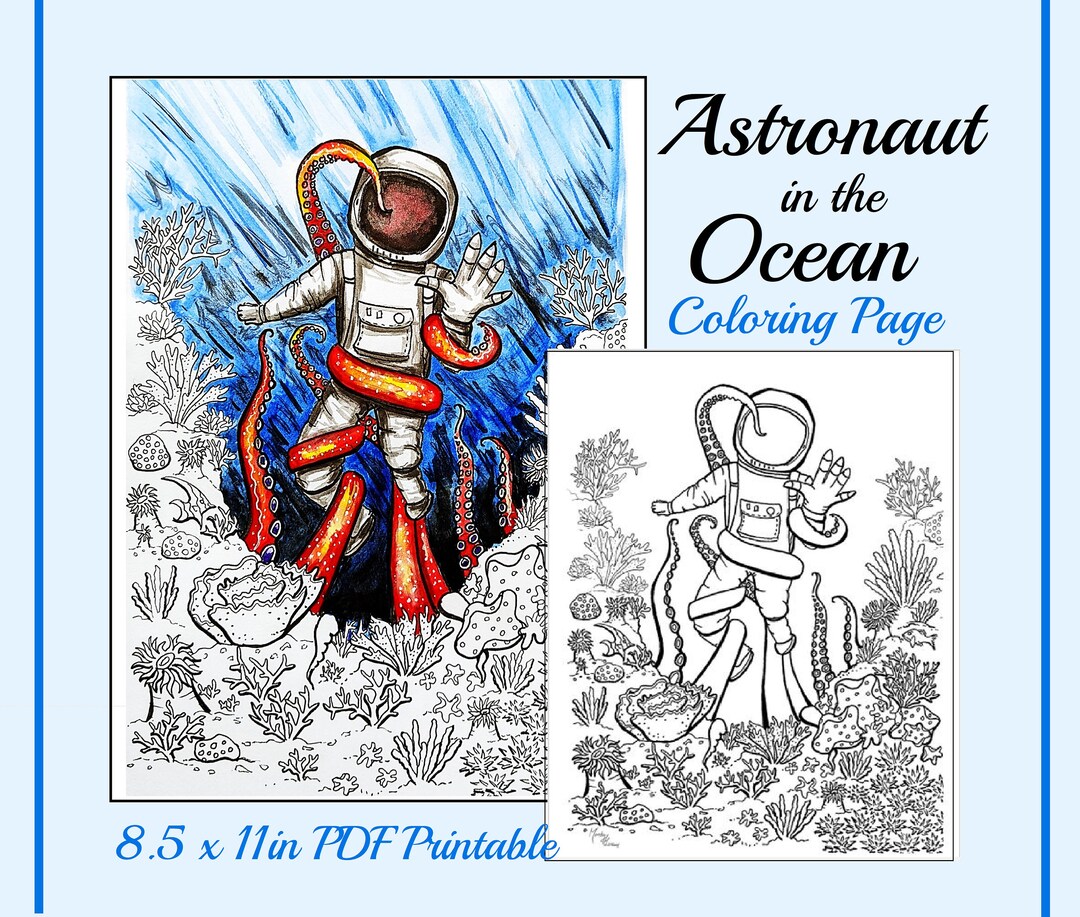 Hand Drawn Astronaut in the Ocean Printable Coloring Page, Adult ...