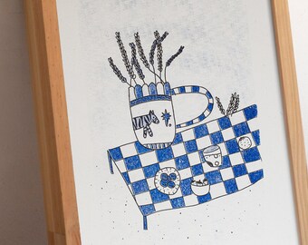 Table de pique-nique bleue - Riso Impression artistique