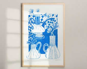 Poterie bleue et fleurs - Impression Riso A4