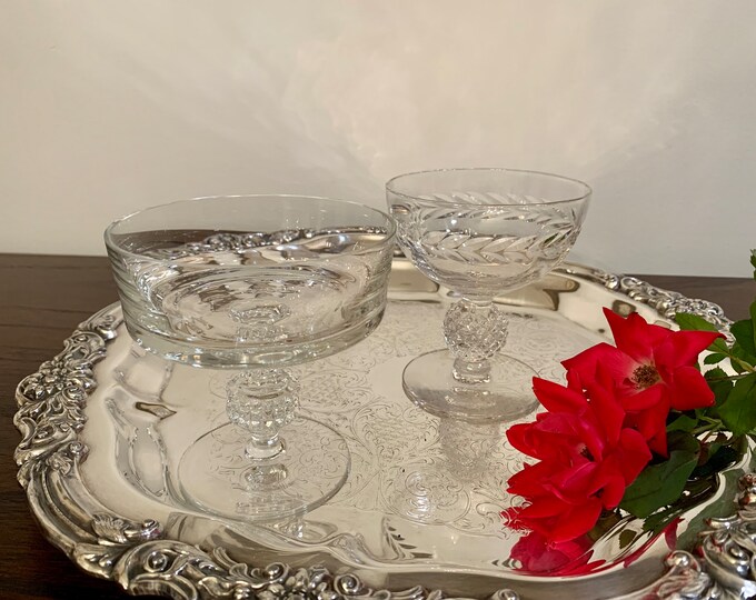 Pair of His and Hers Mismatched Vintage Etched Crystal Champagne Coupes Cocktail Toasting Glasses