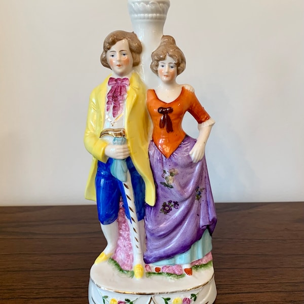 Vintage Porcelain Victorian Colonial Couple  Table Lamp Base Decor Candleholder Vase Figurine