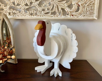 Large Wooden White Painted Turkey Figurine