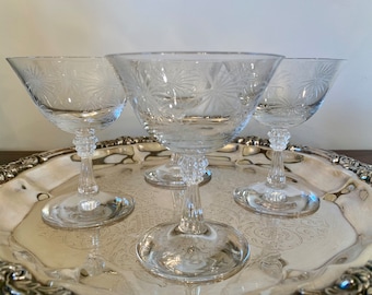 Juego de 4 copas de champán de cristal Fostoria Lido estilo art déco vintage, vajilla de bar