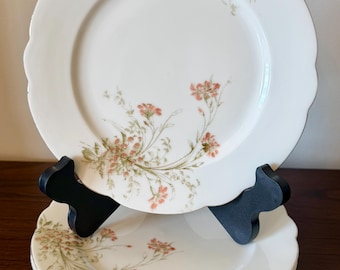May include: A set of white porcelain plates with scalloped edges and a delicate floral pattern featuring small coral-colored blossoms and green stems. The plates are arranged in a stack, with one plate displayed upright on a black stand.