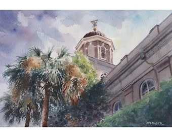 Old Charleston Church Steeple Art Print. Giclee print of a watercolor painting by Bill Oplinger: First Scots Presbyterian Church