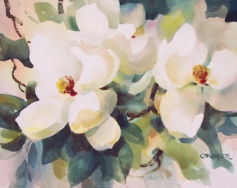 Magnolia Floral Art Print. Giclee print of a watercolor painting by Bill Oplinger