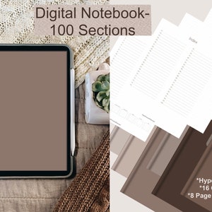 Puede incluir: Un cuaderno digital con 100 secciones, 16 portadas y 8 plantillas de página. El cuaderno se muestra en una tableta con un fondo marrón. El cuaderno está hipervinculado y tiene un índice.
