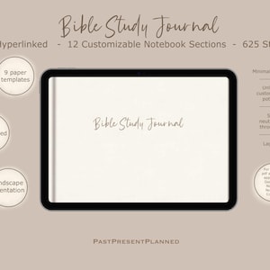 May include: A digital Bible study journal with 1640 hyperlinked pages, 9 paper templates, and 625 stickers. The journal is fully hyperlinked and has 12 customizable notebook sections. The journal is designed with a minimalist aesthetic and a soft, neutral tone throughout. It is lag-free and compatible with popular annotation apps such as Goodnotes, Noteshelf, Notably, and CoRanote.