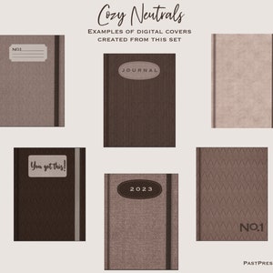 May include: Six different digital cover designs for journals, planners, or notebooks. The covers feature a variety of textures and patterns in brown and beige tones. The text on the covers includes "NO.1", "JOURNAL", "You got this!" and "2023".