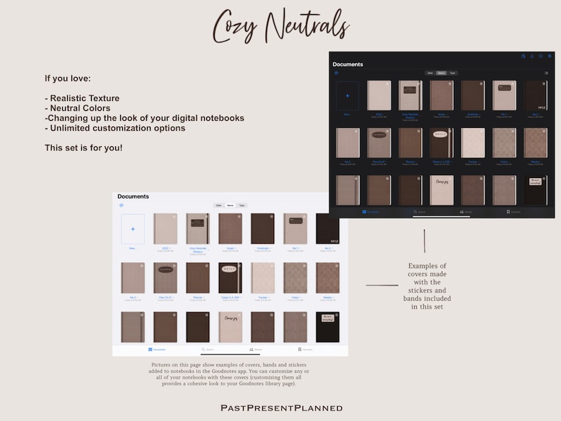 May include: A digital notebook cover design set with a neutral color palette. The covers feature realistic textures and patterns. The image shows examples of covers made with stickers and bands included in the set. The text "Documents" appears in the image.
