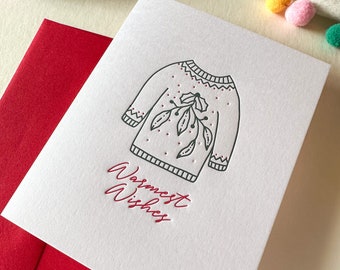 Warmest Wishes - Christmas or Holiday Card letterpress printed in red & green