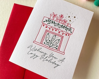 Wishing You A Cozy Holiday - Christmas or Holiday Card letterpress printed in red, green & gold