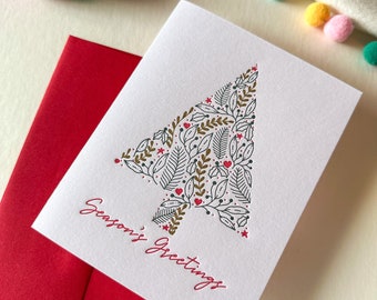 Season's Greetings - Christmas or Holiday Card letterpress printed in red, green & gold