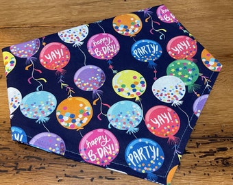 Party Time Birthday Bandana, Balloons and Confetti Bandana, Snap style or slip over the collar style pet Bandanas in Cotton.