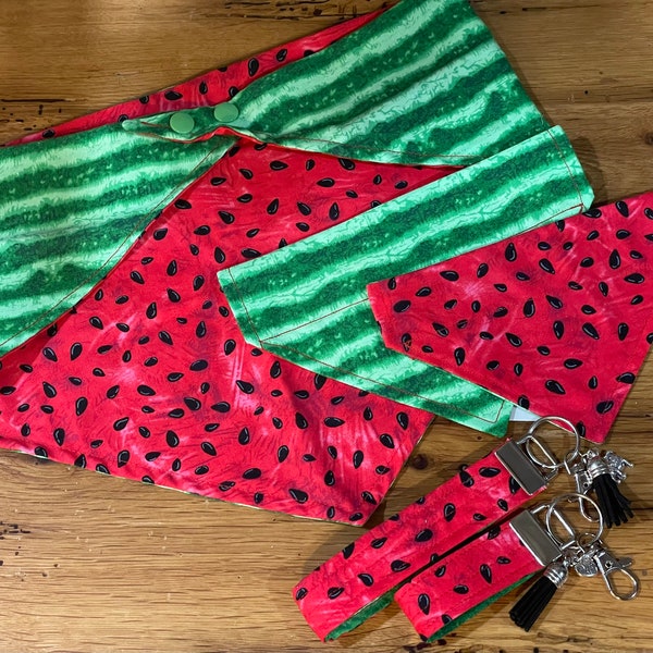 Watermelon Bandana! Matching Key Fab, Reversible Seed and Rind, Cotton material, Over the collar, or Snap closure styles, Summer Fun!