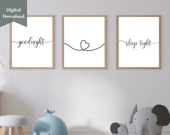 DIGITAL DOWNLOAD - Good night Set of 3 Prints,  Bedroom Prints, Wall Decor, Kids Bedroom, Kids nursery wall art, Nursery Prints, Kids