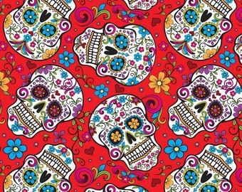 Tecido de caveira de açúcar vermelho BTY, algodão de Halloween, tecido de caveiras folclóricas, dia dos mortos, tecido David acolchoado de algodão, dia de los muertos