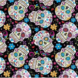 Tissu BTY noir avec des têtes de mort en sucre, tissu cinco de mayo, Halloween, coton crânes folkloriques, dia de los muertos, jour des morts, textiles david