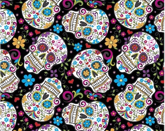 BTY black sugar skull fabric, cinco de mayo fabric, Halloween, folkloric skulls cotton, dia de los muertos, day of the dead, david textiles