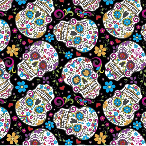 BTY black sugar skull fabric, cinco de mayo fabric, Halloween, folkloric skulls cotton, dia de los muertos, day of the dead, david textiles