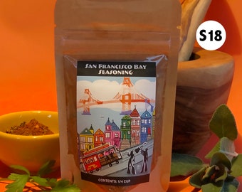 San Francisco Bay Seasoning, small batch artisan spice blend.  No salt, gluten, soy, dairy, MSG, additives, or preservatives.