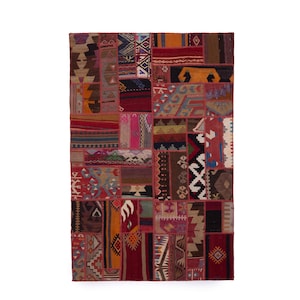 Patchwork Kilim Rug, Anatolian Recycled Wool Rug, Handwoven Natural Dye Floor Textile