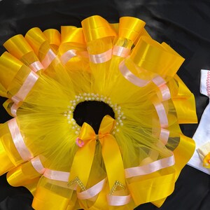 Puede incluir: Una falda tut&uacute; de color amarillo brillante con capas de tul y cinta de raso. La falda est&aacute; adornada con cinta rosa claro y una cinturilla con cuentas de perlas. Un gran lazo amarillo con una flor rosa y detalles dorados adorna la parte delantera.