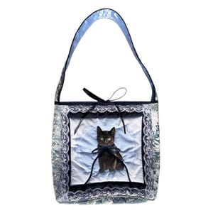 Quilted vintage black cat kitten bow floral blue patchwork bow ribbon up-cycled fabric repurposed sustainable tote shoulder bag