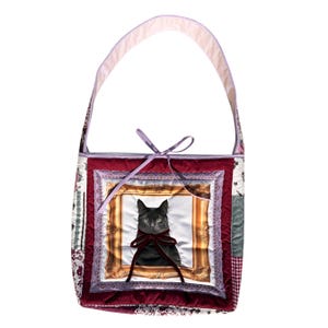 Quilted vintage black cat kitten bow floral red burgundy patchwork bow ribbon up-cycled fabric sustainable tote shoulder bag