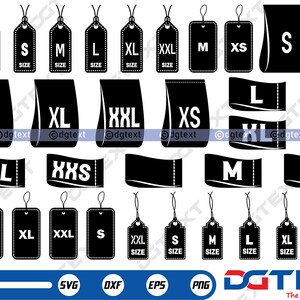 Étiquettes de taille de vêtements SVG, vecteur d'étiquettes de taille de vêtements, Silhouette, fichier Cricut, clipart, conception découpable, conceptions Png, Dxf et Eps.